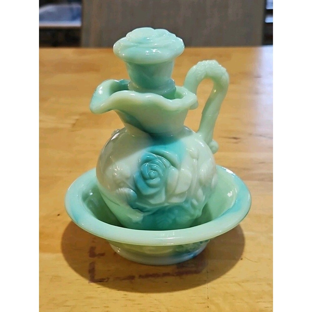 Vintage Avon Moonwind Oil Green Swirl Milk Glass Pitcher With Stopper and Basin